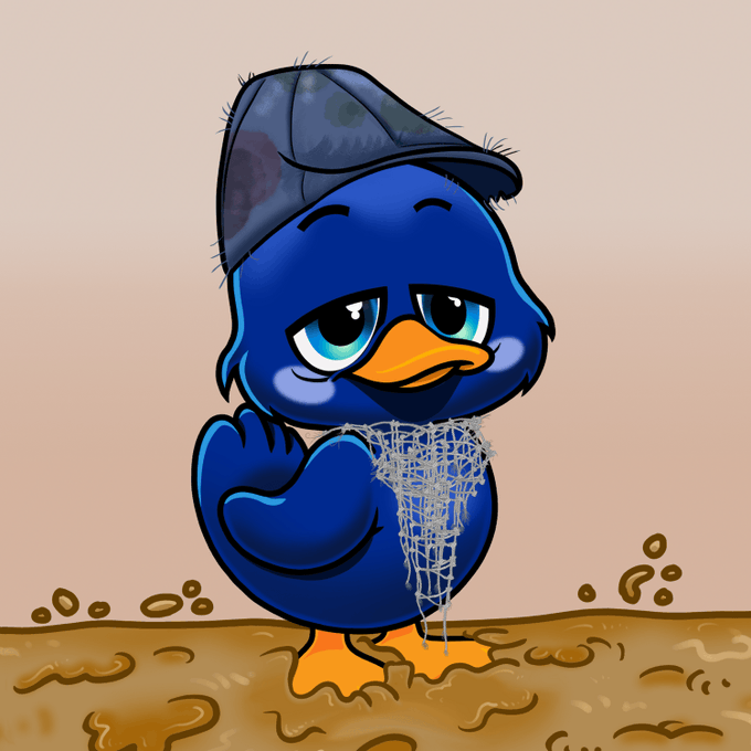 A cartoon illustration shows a sad-looking blue bird wearing a worn cap, holding a tangled web or net against a beige background.