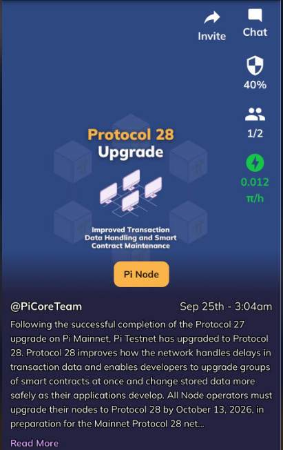 The image shows a Pi Network announcement about the Protocol 28 Upgrade, featuring an illustration of connected computers with text highlighting "Improved Transaction Data Handling and Smart Contract Maintenance" and a "Pi Node" button. The accompanying message from @PiCoreTeam dated Sep 25th - 3:04am explains that Protocol 28 enhances transaction data delay handling and enables bulk smart contract upgrades, with node operators required to upgrade by October 13, 2026.