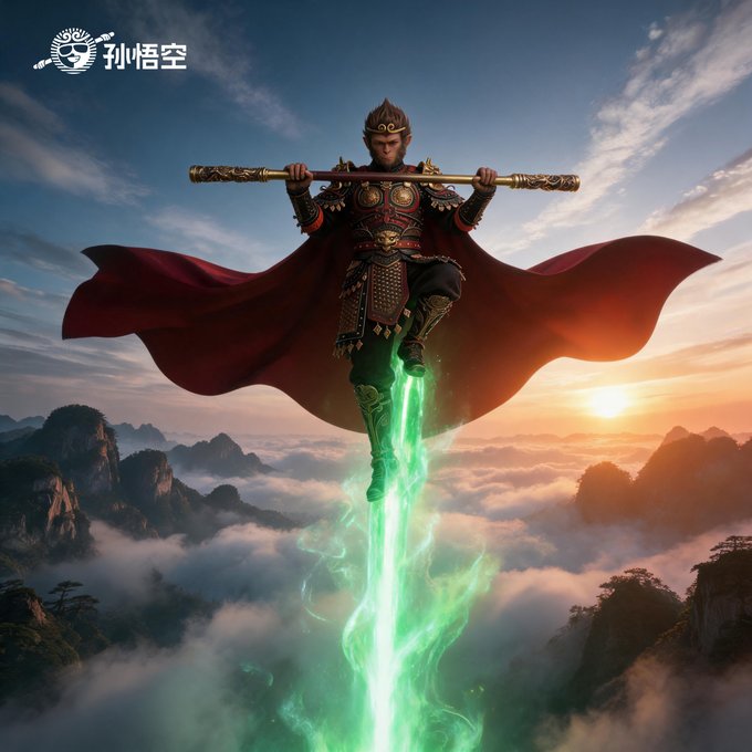 A digital artwork of the Monkey King (孙悟空) hovering in the clouds with a red cape, holding his golden staff and standing atop a green energy beam at sunset.