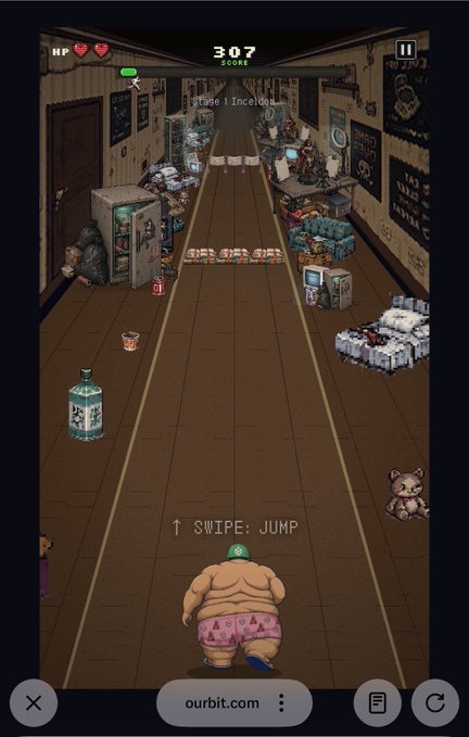 A pixel-art endless runner game shows a character in pink shorts from behind, with the instruction '↑ SWIPE: JUMP', HP hearts, a score of '307', and 'Stage 1 Incelious' visible. The URL 'ourbit.com' is at the bottom.