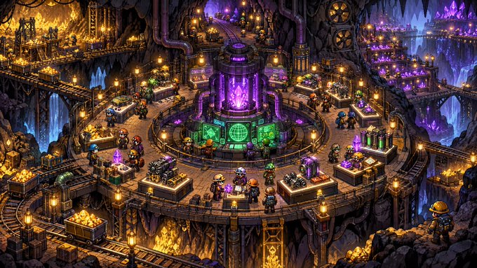 A pixel art scene depicting dwarves working in an elaborate underground mine filled with glowing purple crystals, gold, and machinery.
