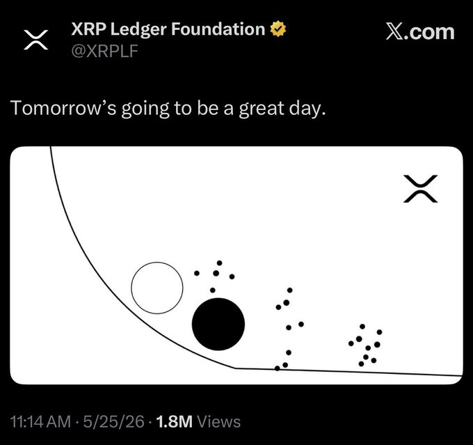 The image depicts a black and white graphic design featuring an abstract shape, possibly representing data or information from a cryptocurrency event. The caption above the image provides context by stating that tomorrow's going to be a great day and mentions there have been 1.8 million views of this post on XRPLF social media platform. These viewers are primarily interested in news related to the XRP Ledger Foundation, suggesting the importance or relevance of the subject matter captured in the graphic design.