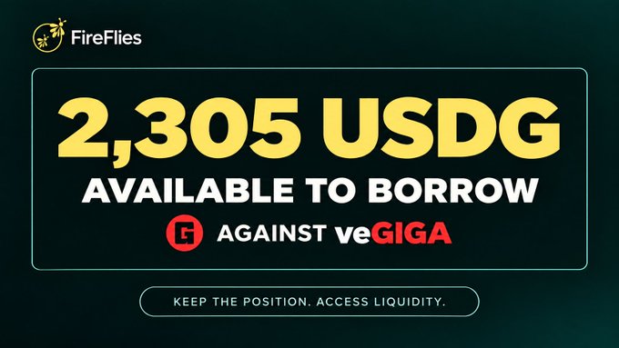 An advertisement from 'FireFlies' announces '2,305 USDG AVAILABLE TO BORROW AGAINST veGIGA' with the tagline 'KEEP THE POSITION. ACCESS LIQUIDITY.'