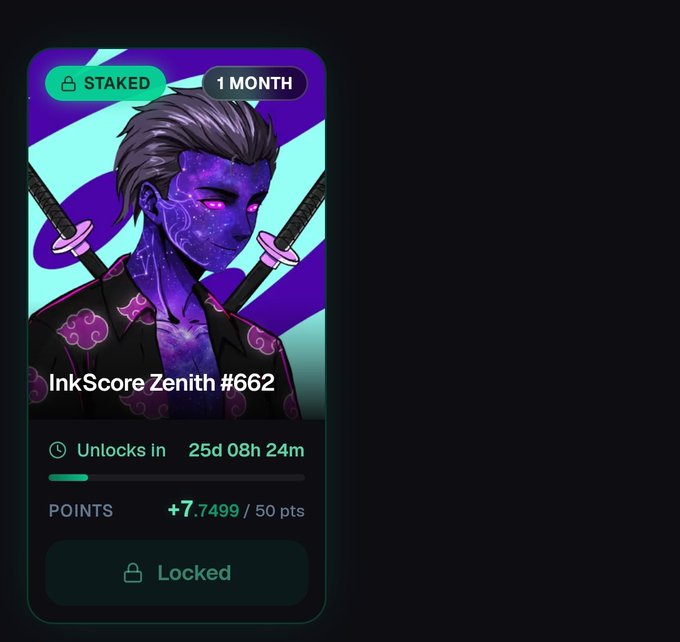 A digital collectible card titled 'InkScore Zenith #662' showing a purple-skinned anime character with swords, labeled 'STAKED' and 'Locked' for 1 month.