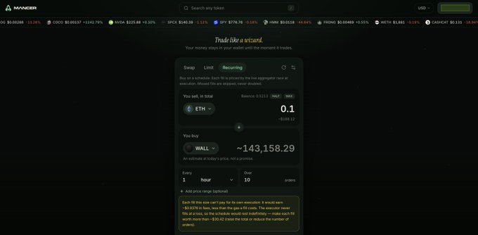 A screenshot of the Mancer cryptocurrency exchange interface showing a swap of 0.1 ETH to approximately 143,158.29 WALL tokens, with a ticker showing various coin prices at the top.