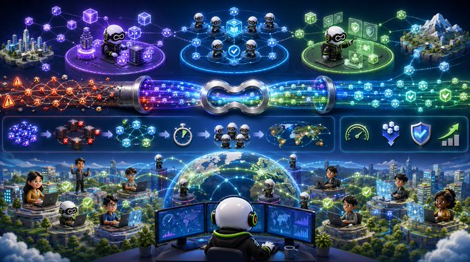 A colorful infographic depicting a global network of robots, digital characters, and data nodes connected by glowing lines, featuring icons for blockchain, security, and analytics.