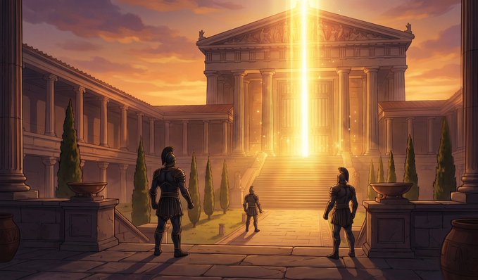 A digital illustration of ancient Greek or Roman soldiers in armor standing before a grand classical temple, with a bright beam of golden light descending from the sky at sunset.