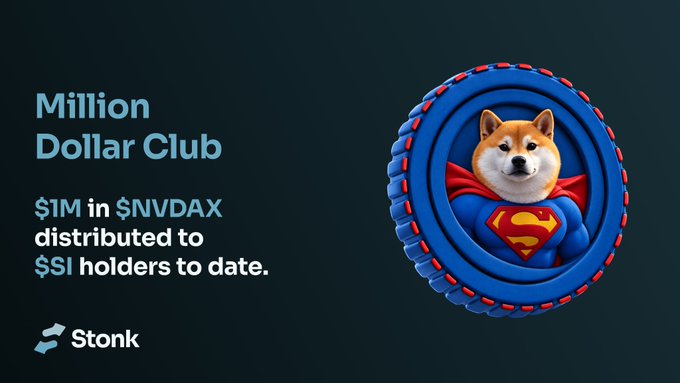 The image is a promotional graphic from Stonk highlighting their "Million Dollar Club" achievement, with text reading "$1M in $NVDAX distributed to $SI holders to date," accompanied by a Superman-styled Shiba Inu mascot on a tire-like emblem. The accompanying post reinforces the community-driven spirit, emphasizing that $STONK and $RAY holders benefit together, tying the celebratory mascot imagery to the "one for all" ethos of rewarding holders collectively.