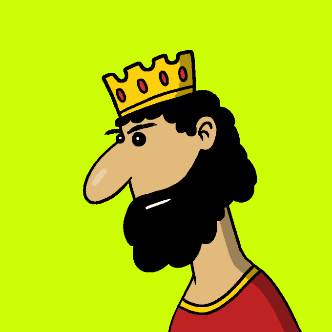 A cartoon illustration of a bearded man wearing a gold crown with red gems, set against a bright lime green background, wearing a red shirt with yellow trim.