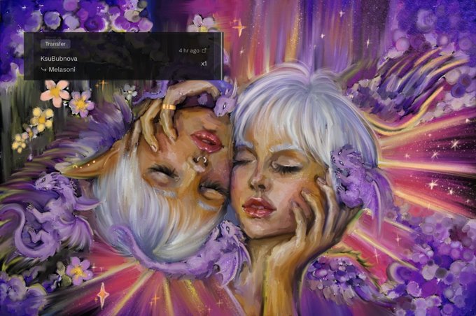 Digital artwork of two women with flowing white/silver hair embracing against a vibrant purple and gold cosmic background, with a transfer notification for "KsuBubnova" sending "Melasoni x1" overlaid.