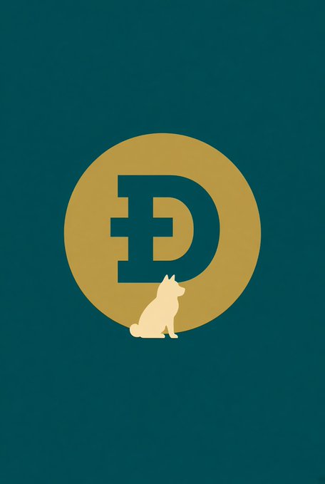 A Dogecoin logo design featuring a gold 'Ð' symbol on a tan circle with a small sitting dog silhouette below it, on a dark teal background.