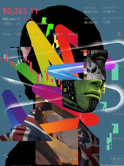 A digital art collage featuring a man with a green circuit-board face mask overlaid with cryptocurrency trading data, candlestick charts, and a price of '$80,363.11', credited to 'BullishBarto'.