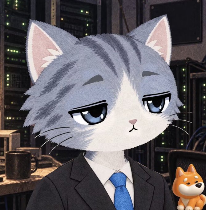 An anime-style illustration features a grey and white cat character wearing a black suit and blue tie, with a small orange Shiba Inu dog sitting beside it in front of computer servers.