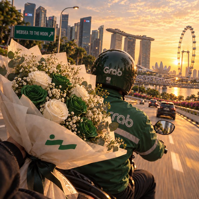 A Grab delivery rider in a green uniform and helmet carries a bouquet of white and green roses along a Singapore waterfront highway at sunset, with Marina Bay Sands and the Singapore Flyer visible in the background. A humorous "WEBSEA TO THE MOON" road sign directly references the post's playful "going to the moon" caption tied to the #Websea hashtag, suggesting the rider is still five minutes from his romantic delivery destination.