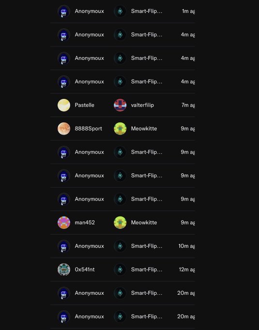 A dark-mode transaction history list showing recent swaps, predominantly involving 'Anonymoux' and 'Smart-Flip...' along with entries like 'Pastelle', '8888Sport', and 'Meowkitte', with timestamps ranging from 1m to 20m ago.