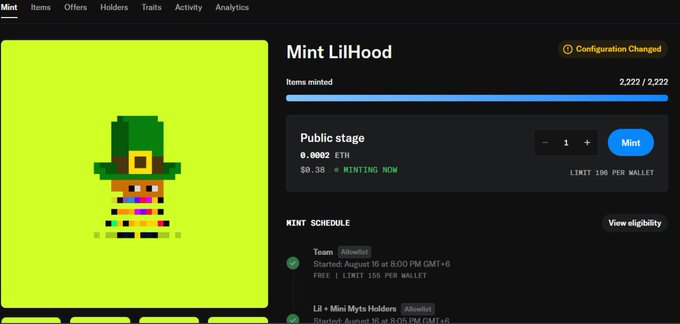 An NFT minting page for 'Mint LilHood' showing a pixel-art leprechaun-style character, with 2,222 / 2,222 items minted at 0.0082 ETH, currently in 'MINTING NOW' status.