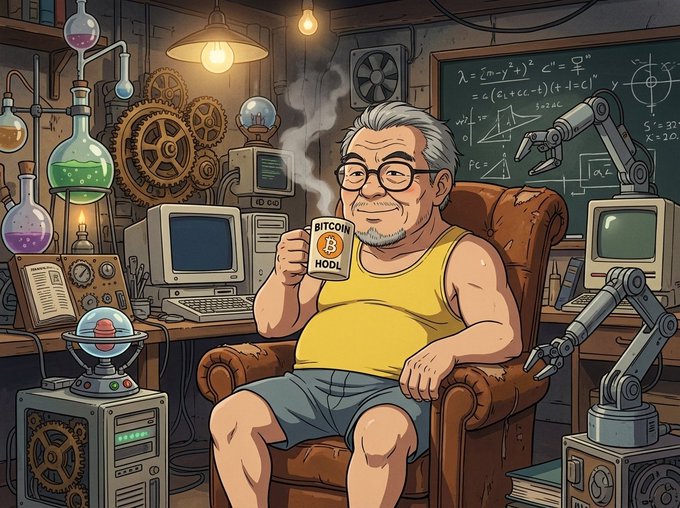 A cartoon illustration of a gray-haired man in a yellow tank top sitting in a leather armchair, holding a mug labeled "BITCOIN HODL" with a Bitcoin logo, surrounded by vintage computers, chemistry beakers, gears, and a chalkboard filled with mathematical equations.