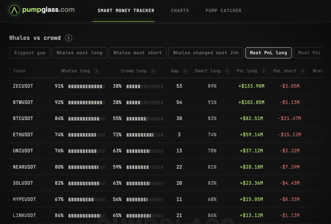 A screenshot of pumpglass.com displays a 'Whales vs crowd' table comparing long positions across cryptocurrencies including ZECUSDT, BTWUSDT, BTCUSDT, ETHUSDT, UNIUSDT, NEARUSDT, SOLUSDT, HYPEUSDT, and LINKUSDT, showing PnL long figures in green.