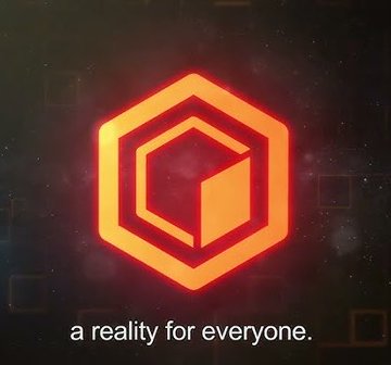 A glowing orange hexagonal logo with a 3D cube inside, accompanied by the tagline 'a reality for everyone.' against a dark, cosmic background.