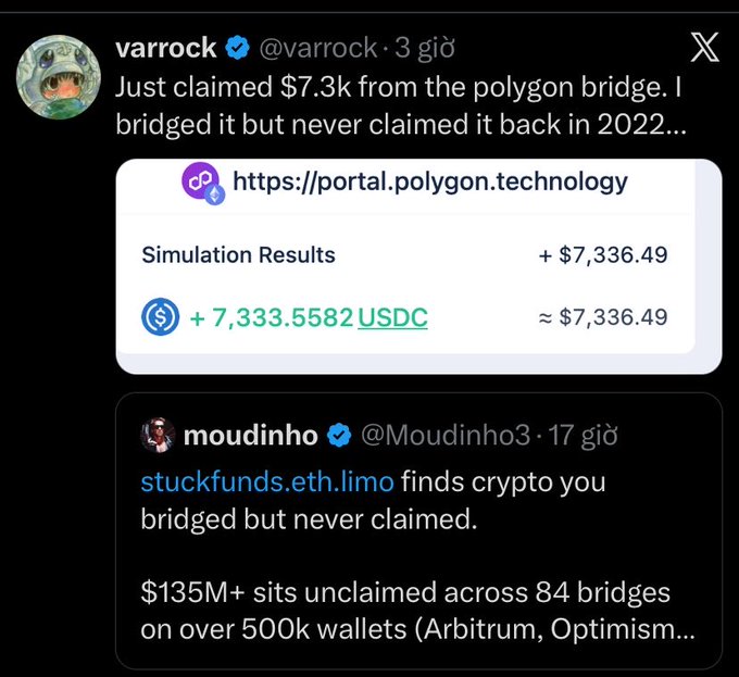 A tweet from user "varrock" (@varrock) reading "Just claimed $7.3k from the polygon bridge. I bridged it but never claimed it back in 2022..." with a screenshot showing Simulation Results of + $7,336.49 / + 7,333.5582 USDC from portal.polygon.technology.