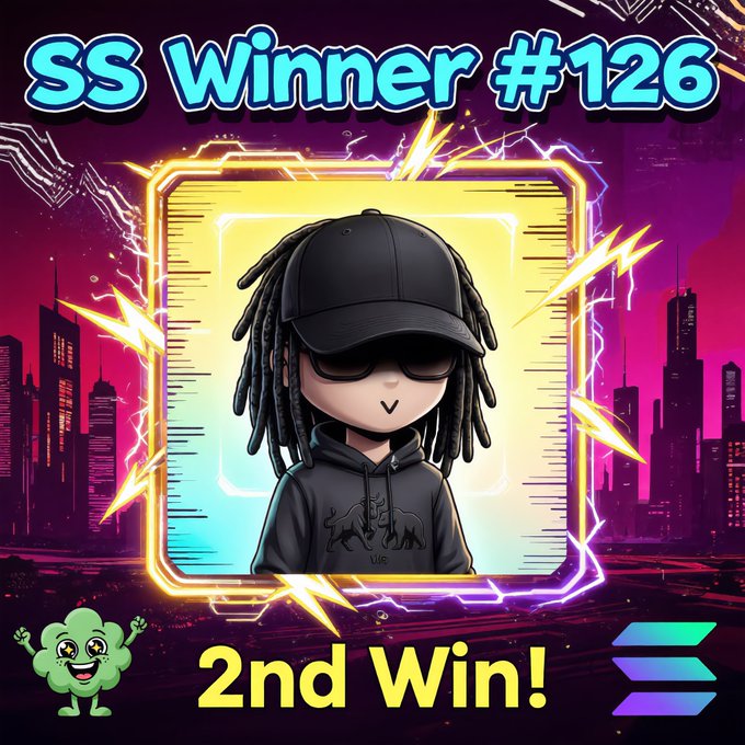 A vibrant digital graphic celebrating 'SS Winner #126' with '2nd Win!' text, featuring a cartoon character with dreadlocks, sunglasses, and a black cap against a neon-lit cityscape.