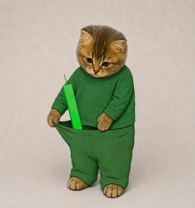 Photo of a cute kitten wearing an oversized green sweatshirt and pants, with a green straw sticking out of its pocket, against a plain gray background.