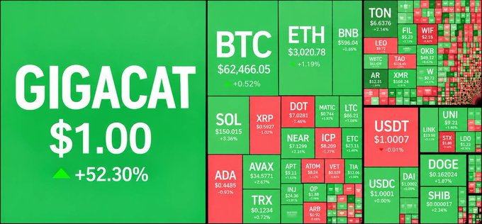 A cryptocurrency heatmap screenshot showing various tokens including BTC at $62,466.05, ETH at $3,020.78, and GIGACAT prominently featured at $1.00 with a +52.30% gain.