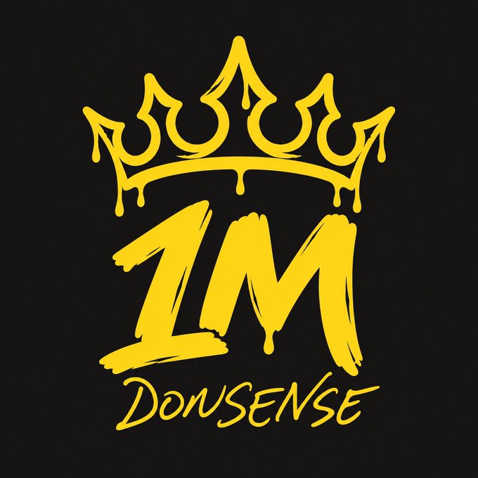The image features a bold yellow logo on a black background, showcasing a dripping crown above stylized "1M" lettering with "DONSENSE" written below in script — celebrating the milestone of holding 1 million $DONSENSE tokens, as referenced in the grateful Friday post.