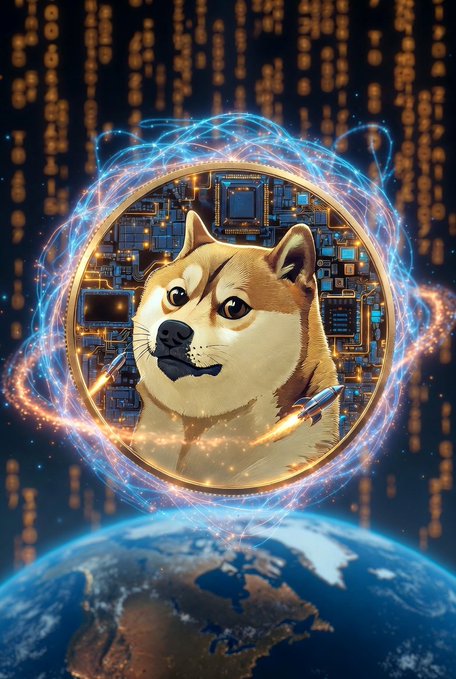 The image features a cartoon dog with a gold coin around its neck, set against a backdrop of a blue planet and stars. The caption below the image reads "Dogecoin $DOGE", indicating that this is an advertisement for Dogecoin.