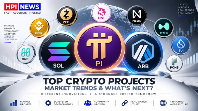 A crypto news graphic titled 'TOP CRYPTO PROJECTS, MARKET TRENDS & WHAT'S NEXT?' from HPI NEWS displays logos for ZEC, UNI, NEAR, HYPE, BNB, SOL, PI, ARB, SUI, ONE, and PONS.