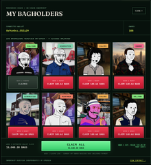 A digital 'MY BAGHOLDERS' interface showing cartoon character avatars with claim buttons displaying various $BAGS amounts (CLAIM ALL, CLAIM 188.95 $BAGS, etc.) for what appears to be an AI trading competition.