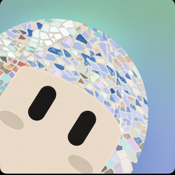 An illustration of a cute, round, beige character wearing a colorful mosaic-patterned bubble helmet against a gradient background.