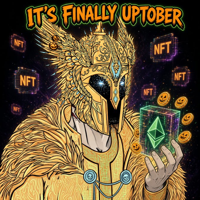 A digital art poster titled 'IT'S FINALLY UPTOBER' featuring a figure in an elaborate golden helmet and feathered cloak holding a glowing NFT cube, surrounded by floating 'NFT' signs and pumpkin coins.