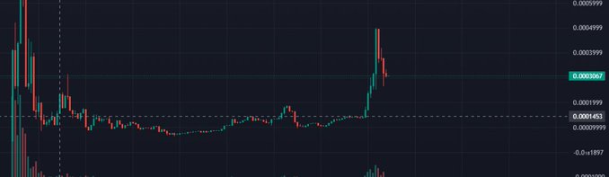 A candlestick chart on a dark background showing a sharp price spike, with the current price highlighted at 0.0003067 against historical levels near 0.0001453.