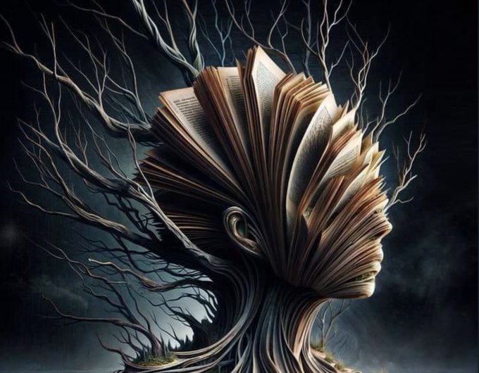 The image features a person's head with their hair styled into an open book, surrounded by branches and leaves. The scene appears to be set against a dark background or night sky, which adds to the overall atmosphere of mystery and intrigue. The caption above the image reads "People are shocked are how awake you are. It will take times yes. Most people are stupid sheep. Hey, You let people think whatever they want about you. And you will let them think that for as long as it takes because you have nothing to prove". This message seems to be a commentary on the importance of knowledge and the dangers of being easily influenced by others' opinions or beliefs without considering one's own thoughts and values.