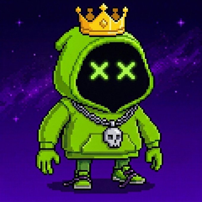 A pixel art character wearing a green hoodie with 'X X' eyes, a gold crown, and a skull necklace against a starry purple background.