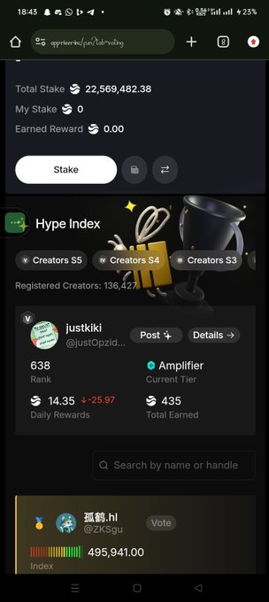 The image displays a black phone with various icons on its screen, including a search bar at the top left corner. The phone's screen is divided into several sections with information about different topics such as hype, creators, and creators' numbers. The post reads "Good morning CT! @RiverdotInc @River4fun @XOOBNetwork is where real impact meets measured growth in Web3 marketing".
