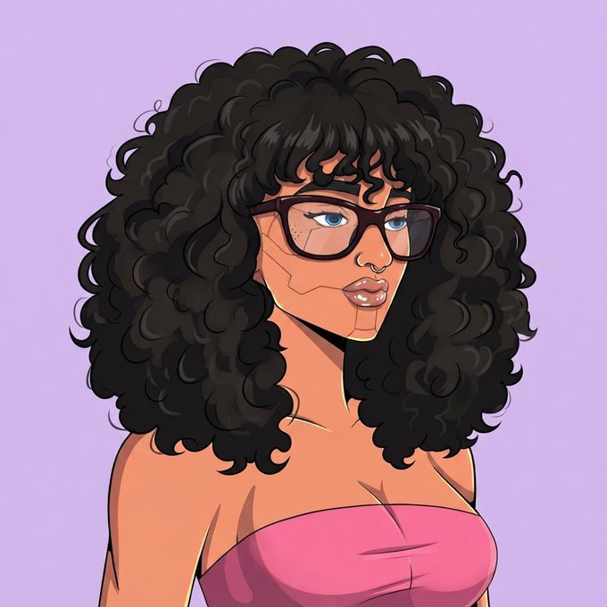 A digital illustration of a woman with curly black hair, glasses, and a pink strapless top against a lavender background, likely serving as a new profile picture for the rebranding mentioned in the post.