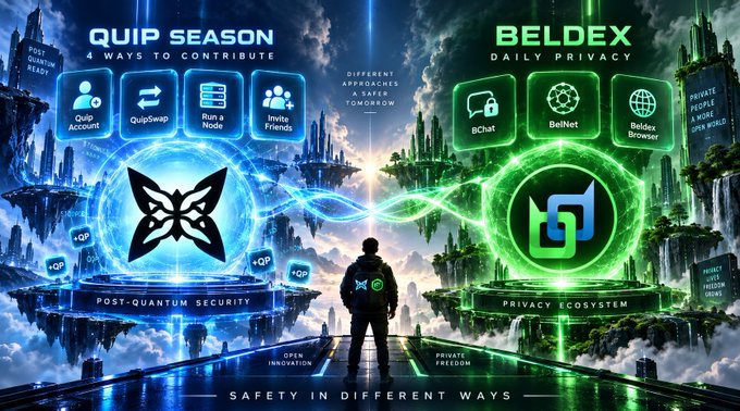 A futuristic sci-fi style advertisement comparing 'QUIP SEASON' (with post-quantum security features like Quip Account, QuipSwap, Run a Node, Invite Friends) against 'BELDEX' (daily privacy features including BChat, BelNet, Beldex Browser).