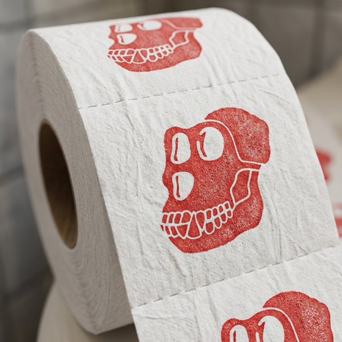 A roll of toilet paper printed with red skull designs as a repeating pattern, with the textured paper sheets visible curling off the roll.