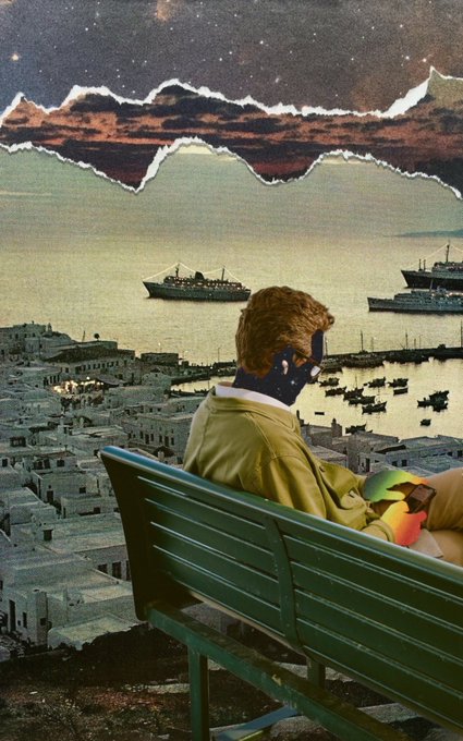 A surreal collage artwork showing a person in a yellow jacket sitting on a green bench, overlooking a coastal city and ships, with a torn paper effect revealing a starry cosmic sky above.