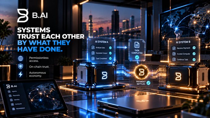 Based on the text, this image shows 'B.AI' advertising that 'SYSTEMS TRUST EACH OTHER BY WHAT THEY HAVE DONE,' featuring AI systems performing tasks with payment settlement.