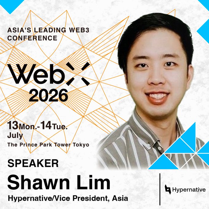 A promotional speaker announcement for 'WebX 2026' featuring Shawn Lim, Vice President of Asia at Hypernative, for the conference taking place on July 13-14 at The Prince Park Tower Tokyo.