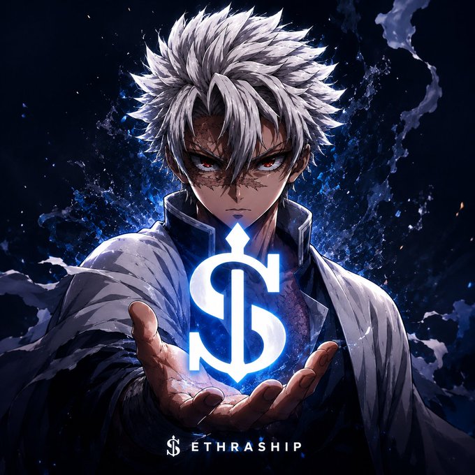An anime character with white spiky hair and intense eyes holds a glowing blue symbol, with the text 'ETHRASHIP' below against a dark cosmic background.