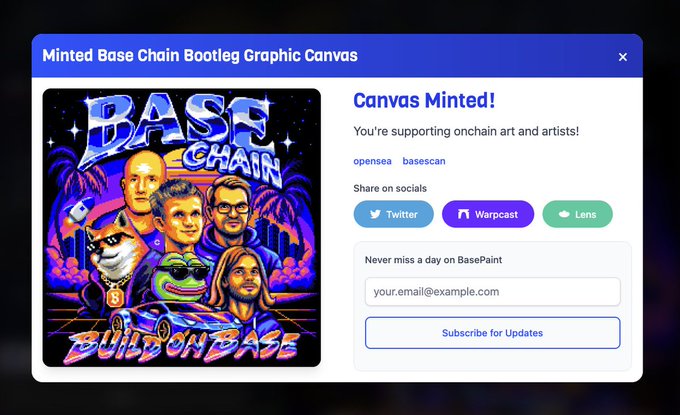 A pop-up from BasePaint confirms the successful minting of the "Bootleg Graphic Canvas" NFT, displaying vibrant 90s-style artwork featuring "BASE CHAIN" and "BUILD ON BASE" alongside characters and referencing @opensea and @basescan, directly corresponding to the post's announcement of minting an NFT on Base chain with 59 artists for 0.0026 ETH.