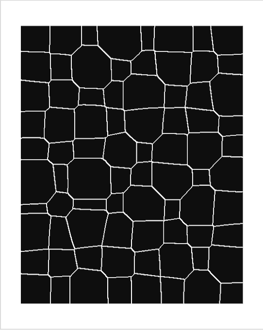 A black rectangular poster featuring a white geometric design resembling irregular paving stones or cells outlined against the dark background.