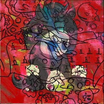 An abstract mixed-media artwork featuring overlapping line drawings of cartoonish creatures and characters on a textured red background.
