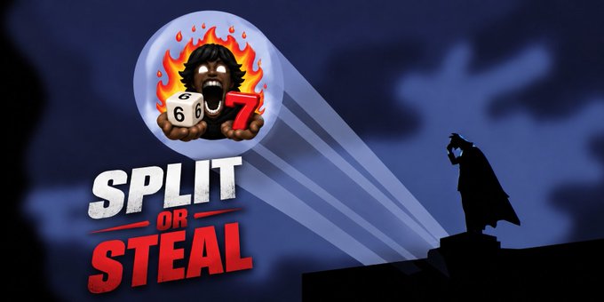 A game logo graphic showing a screaming figure with dice surrounded by flames, with a silhouetted superhero figure looking through a spotlight, and bold red and white text reading 'SPLIT OR STEAL'.