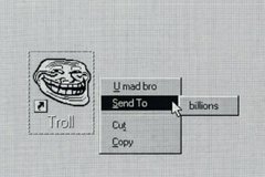A screenshot of the classic 'Troll' desktop pet meme showing the 'Send To' context menu being used to send the trollface image to various folders.