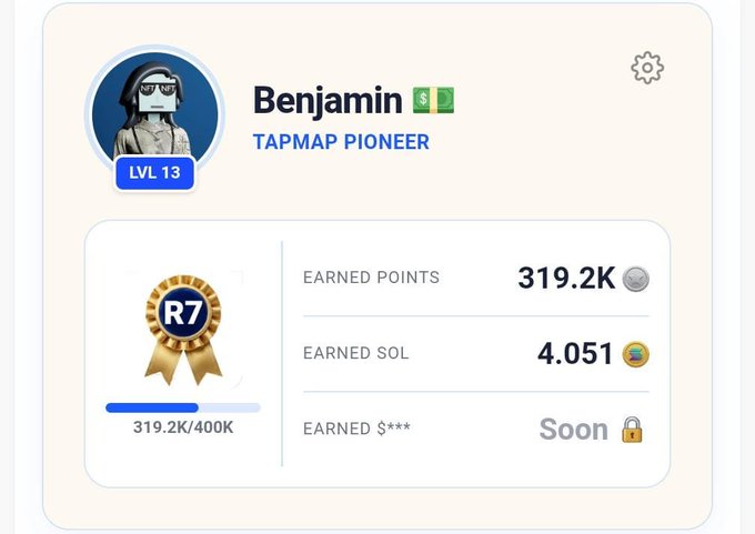 A user profile for 'Benjamin' shows a 'TAPMAP PIONEER' badge at LVL 13, with 319.2K earned points (R7 rank), 4.051 earned SOL, and 'Soon' for earned S***.
